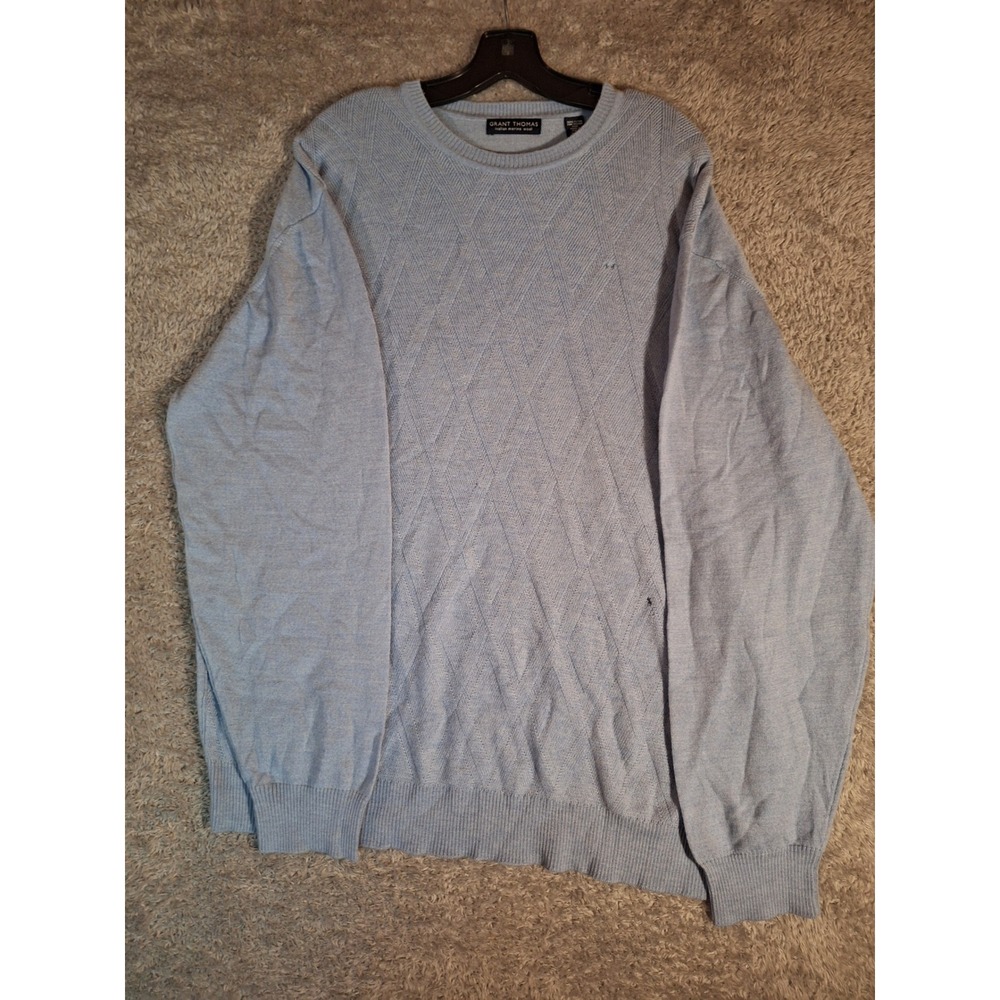 Grant Thomas Italian Merino Wool Sweater XXL Light Blue Diamond Knit Crewneck